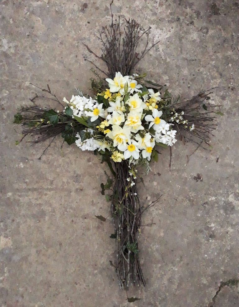 Twiggy cross with flowers Funeral Cross Floral Acre Somerset