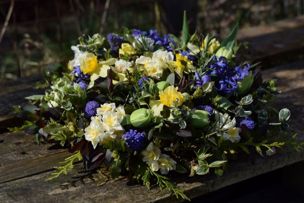Spring posy pad in blue and white funeral Shepton Mallet